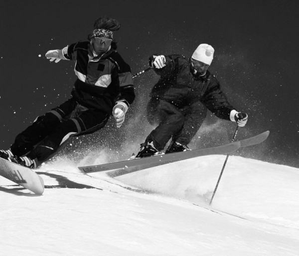 two people skiing