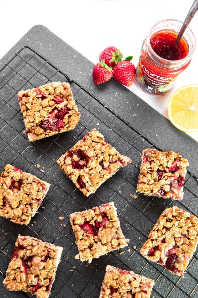 strawberry oat squares on rack